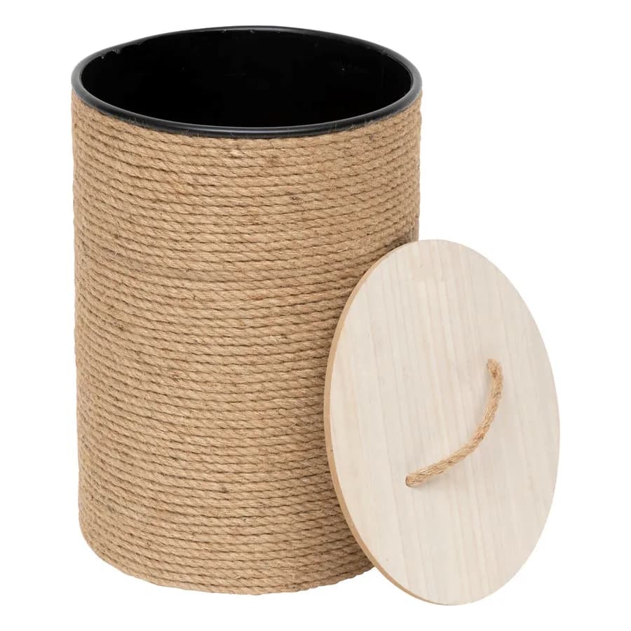 Set 3 cesti contenitori in acciaio e corda naturale con coperchio in legno
