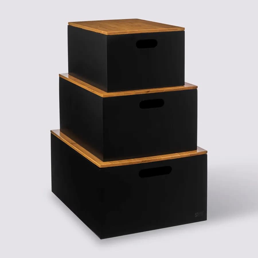 Set 3 organizer di diversa dimensione in legno nero con coperchio naturale