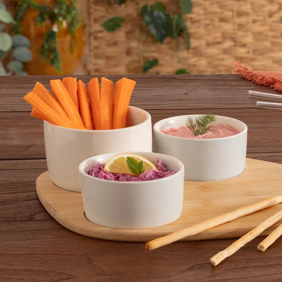 Set 4 accessori per aperitivo in bambù naturale e ceramica bianco