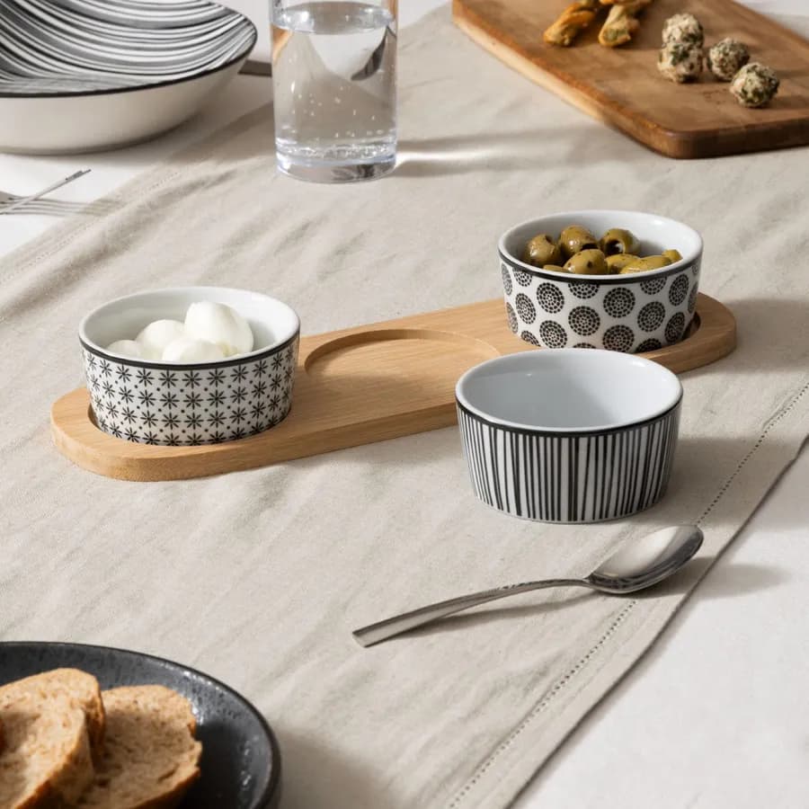 Set 4 accessori per aperitivo in bambù naturale e ceramica decorata bianco
