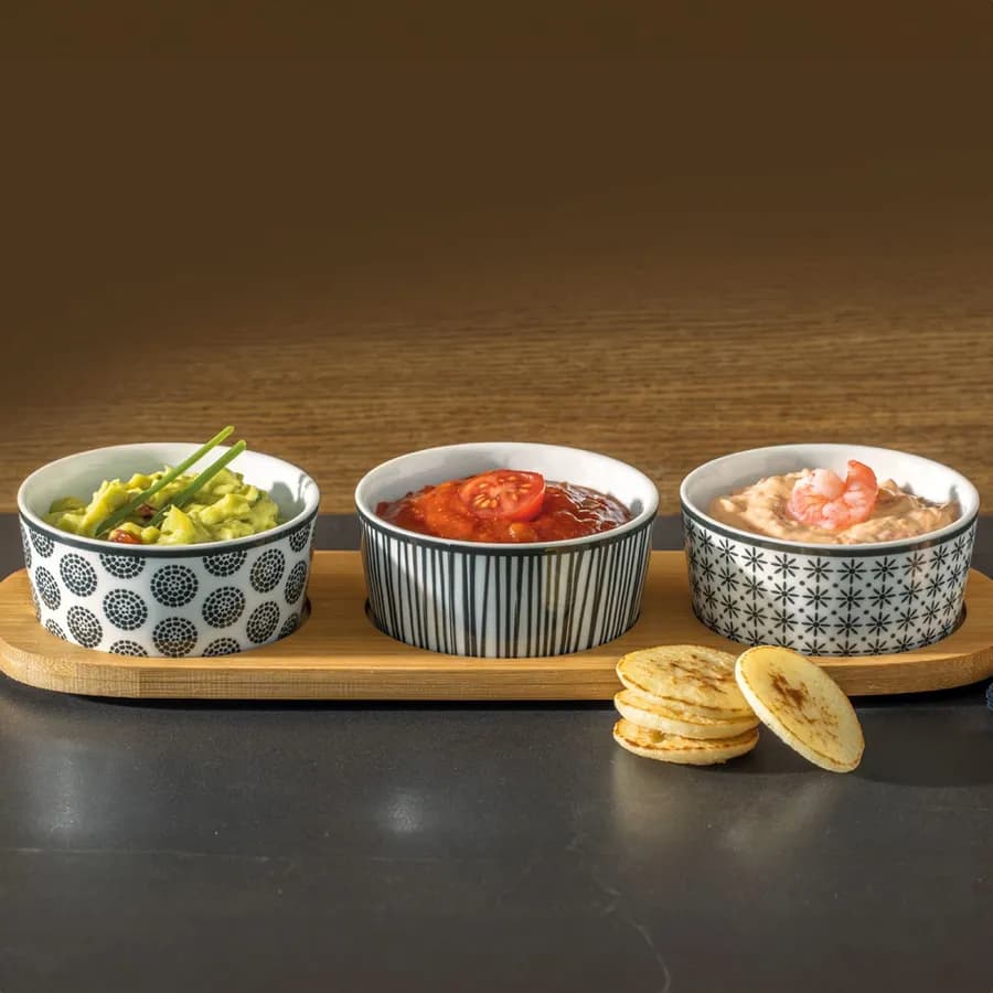 Set 4 accessori per aperitivo in bambù naturale e ceramica decorata bianco