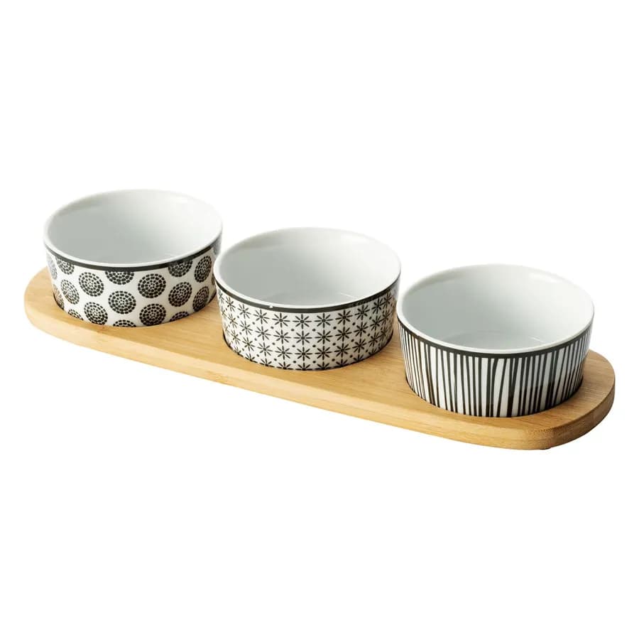 Set 4 accessori per aperitivo in bambù naturale e ceramica decorata bianco