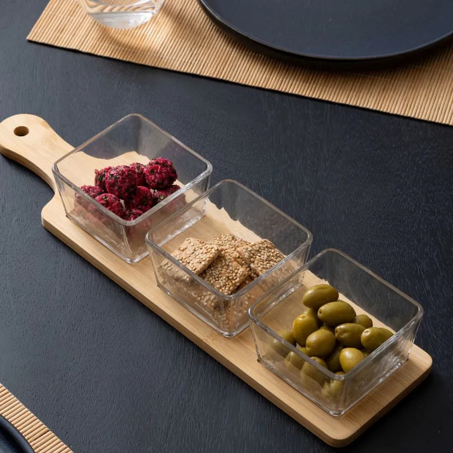 Set 4 accessori per aperitivo in bambù naturale e vetro