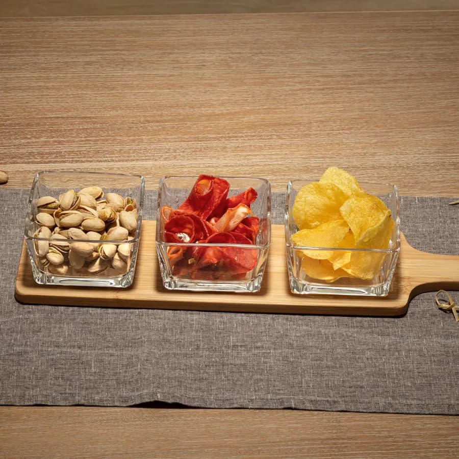 Set 4 accessori per aperitivo in bambù naturale e vetro