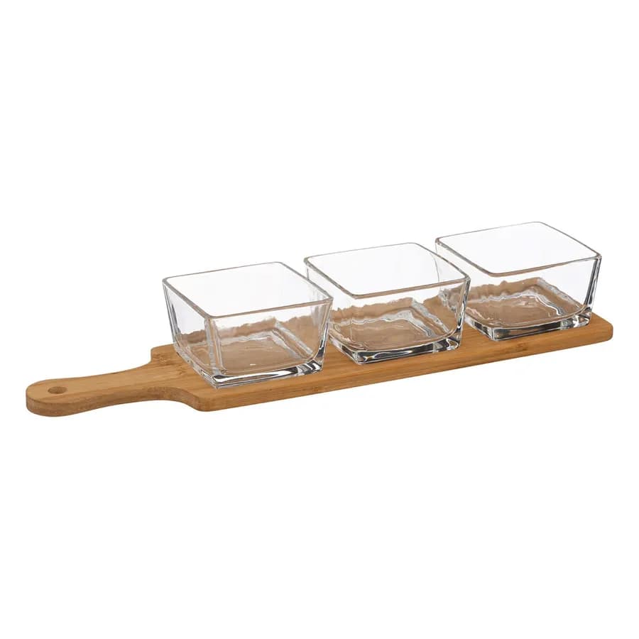 Set 4 accessori per aperitivo in bambù naturale e vetro
