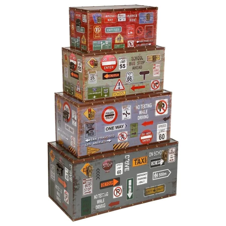 Set 4 bauli contenitori in legno e tessuto multicolore - Voyage