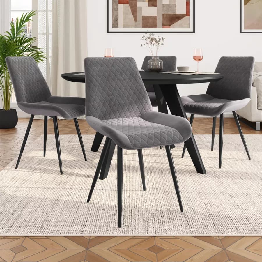 Set 4 sedie in velluto grigio trapuntato e gambe nere - Malu