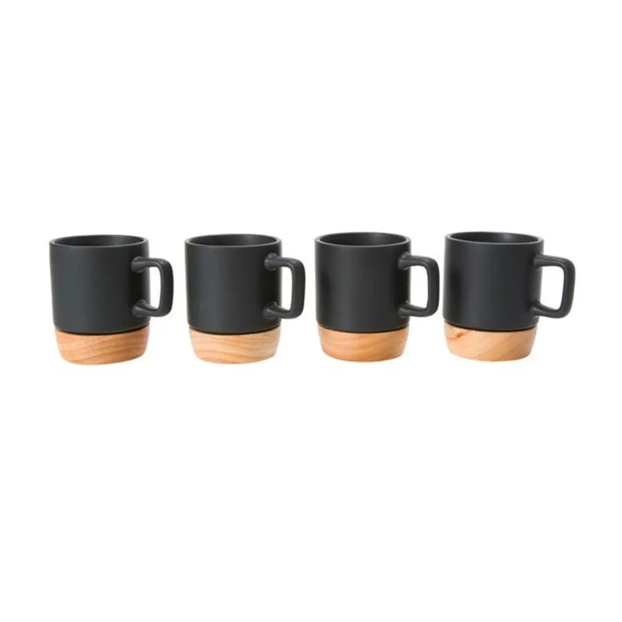 Set 4 tazzine 12 cl in ceramica nero con sottobicchieri in bambù