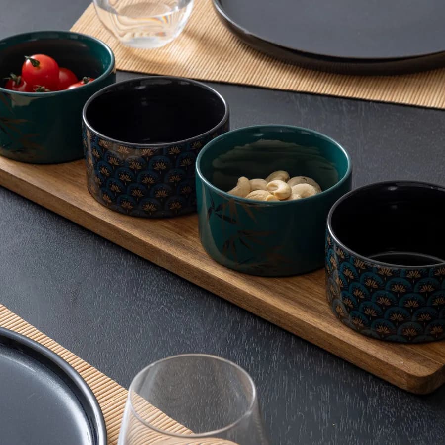 Set 5 accessori per aperitivo in legno di acacia naturale e ceramica decorata