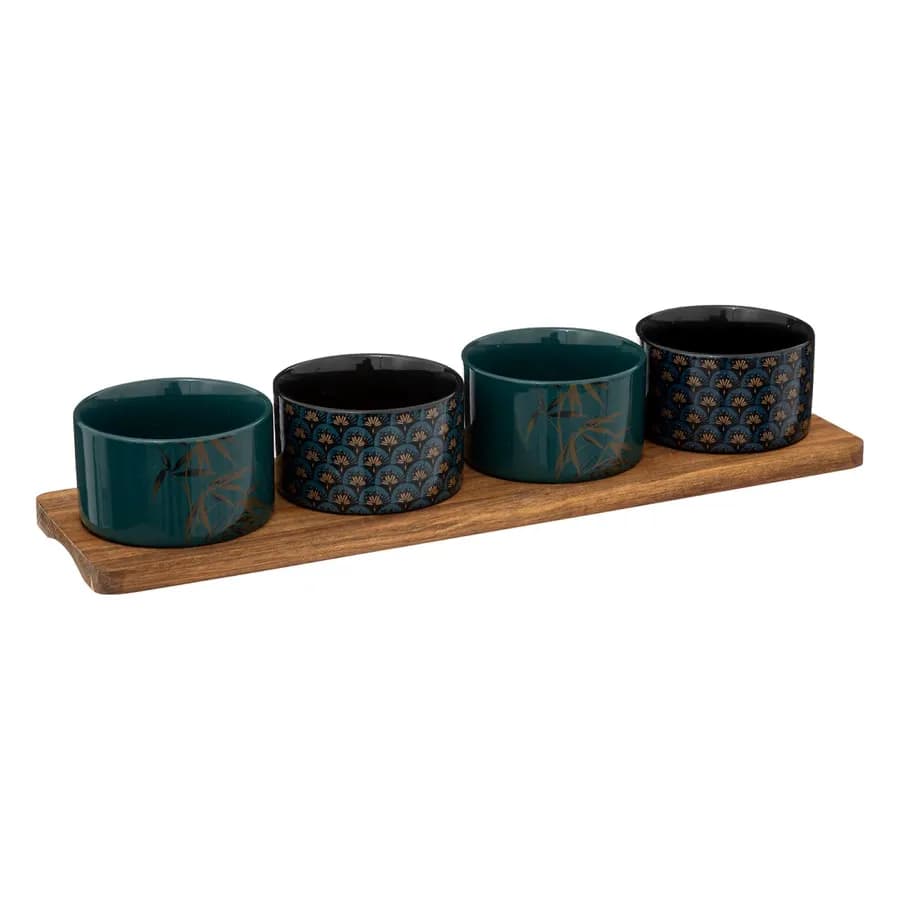 Set 5 accessori per aperitivo in legno di acacia naturale e ceramica decorata