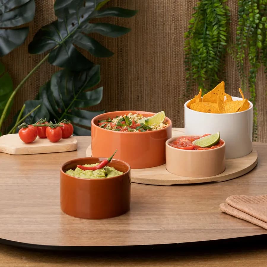 Set 5 accessori per aperitivo rotondo 33 cm in bambù naturale e porcellana multicolore