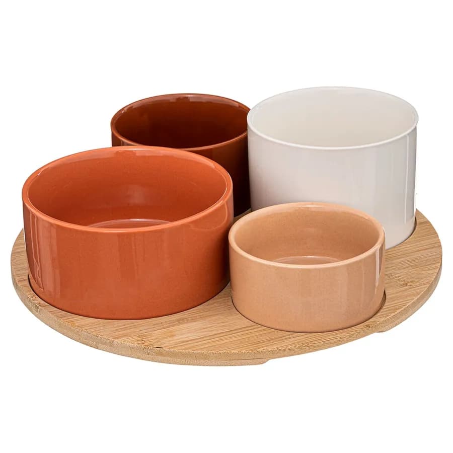 Set 5 accessori per aperitivo rotondo 33 cm in bambù naturale e porcellana multicolore