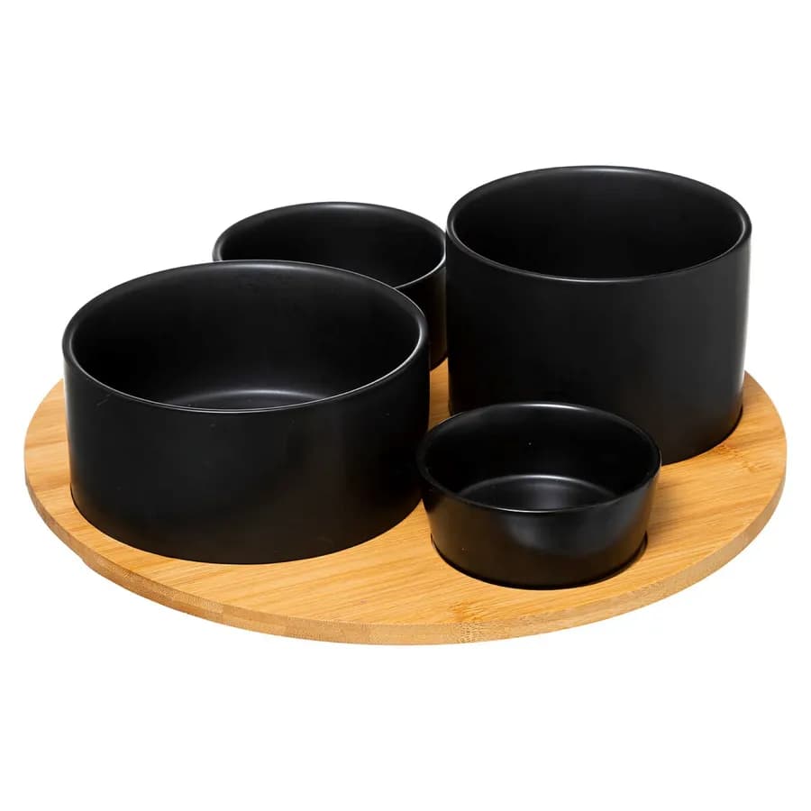 Set 5 accessori per aperitivo rotondo 33 cm in bambù naturale e ceramica nero