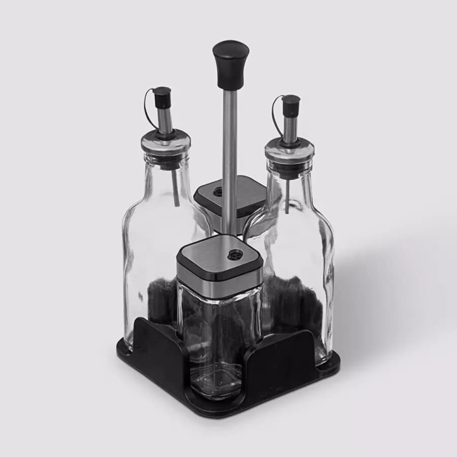 Set 5 accessori per condimenti in acciaio inox cromo e vetro