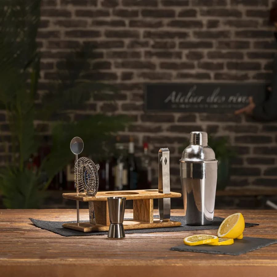 Set 6 accessori per cocktail in acciaio inox con sostegno in legno di mango naturale