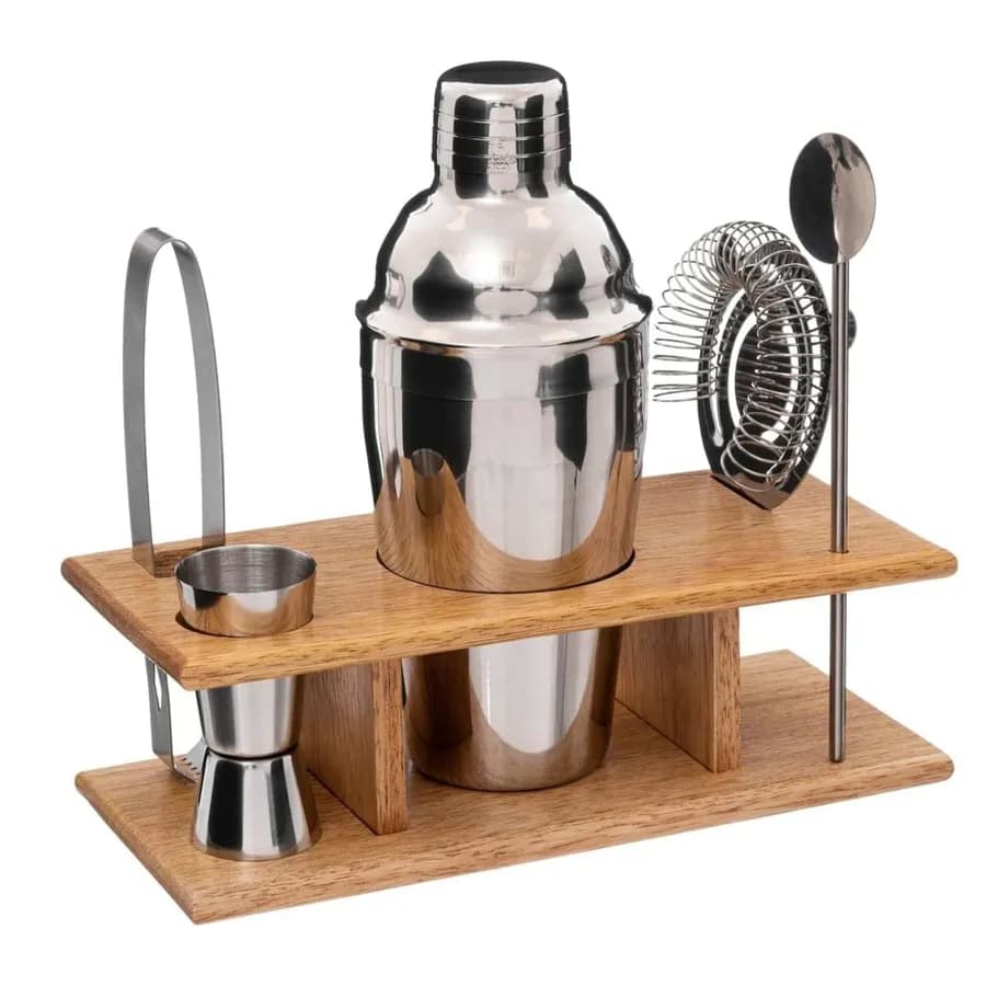 Set 6 accessori per cocktail in acciaio inox con sostegno in legno di mango naturale