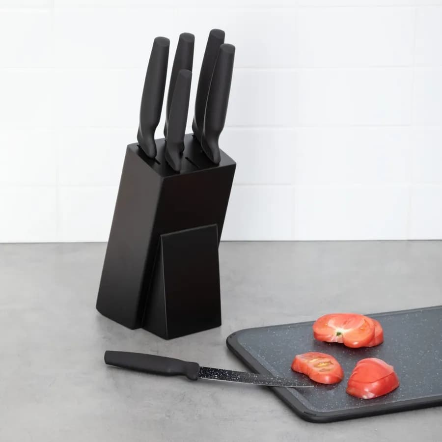 Set 6 coltelli in acciaio effetto pietra nero con base - Yasmira