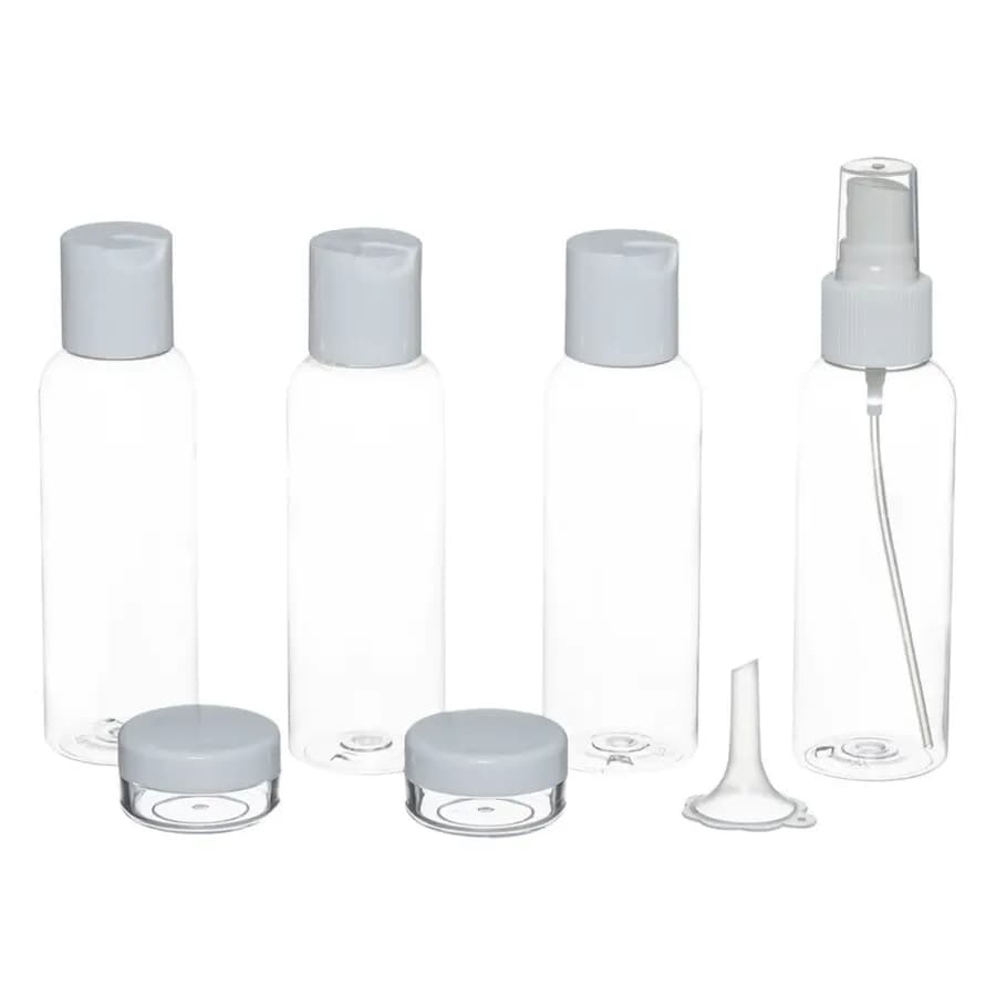 Set 7 accessori da viaggio con borsetta trasparente e bianco
