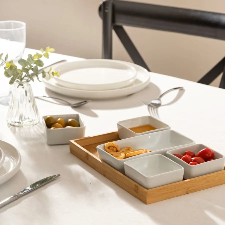 Set 6 accessori per aperitivo in bambù naturale e ceramica bianco