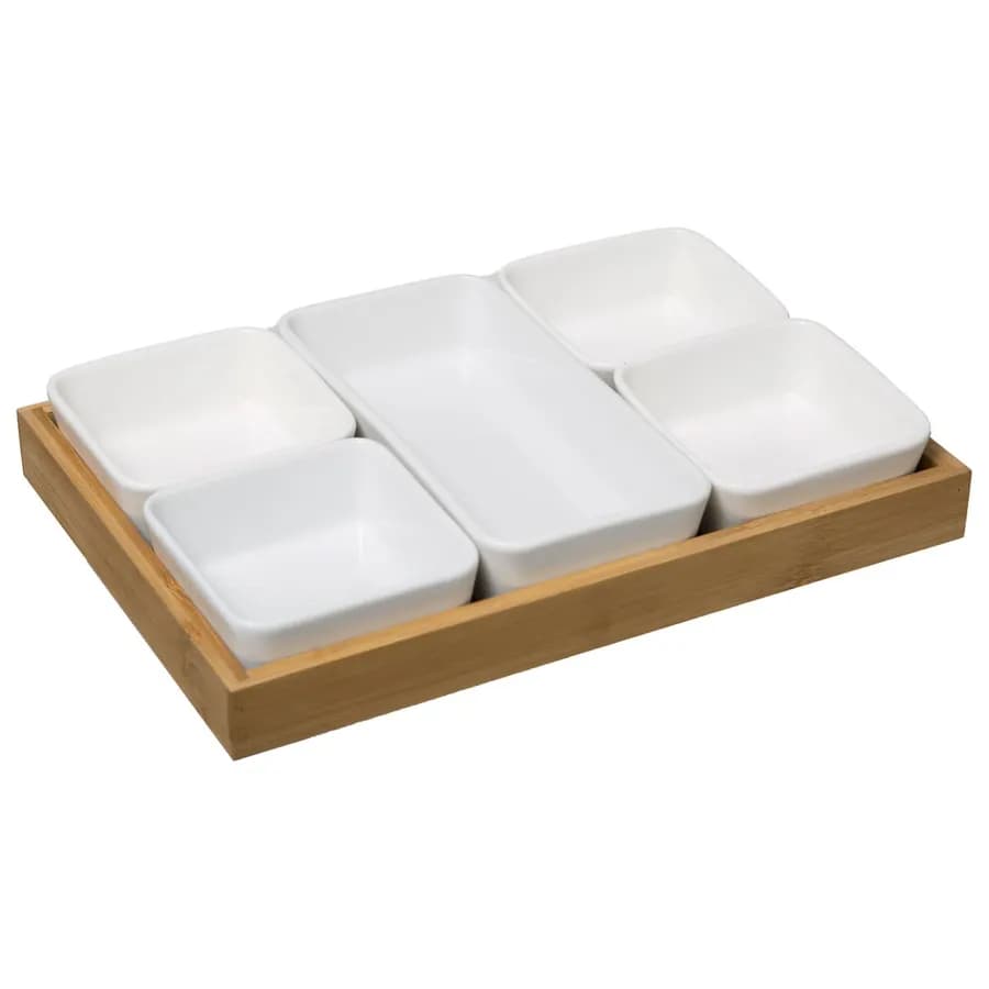 Set 6 accessori per aperitivo in bambù naturale e ceramica bianco