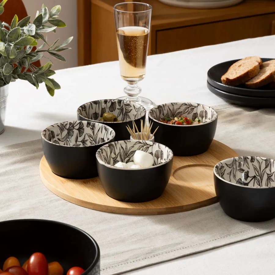 Set 7 accessori per aperitivo in bambù naturale e ceramica con portastecchini