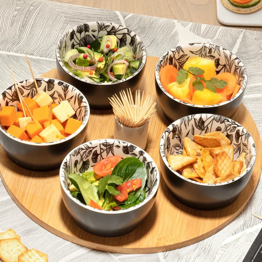 Set 7 accessori per aperitivo in bambù naturale e ceramica con portastecchini