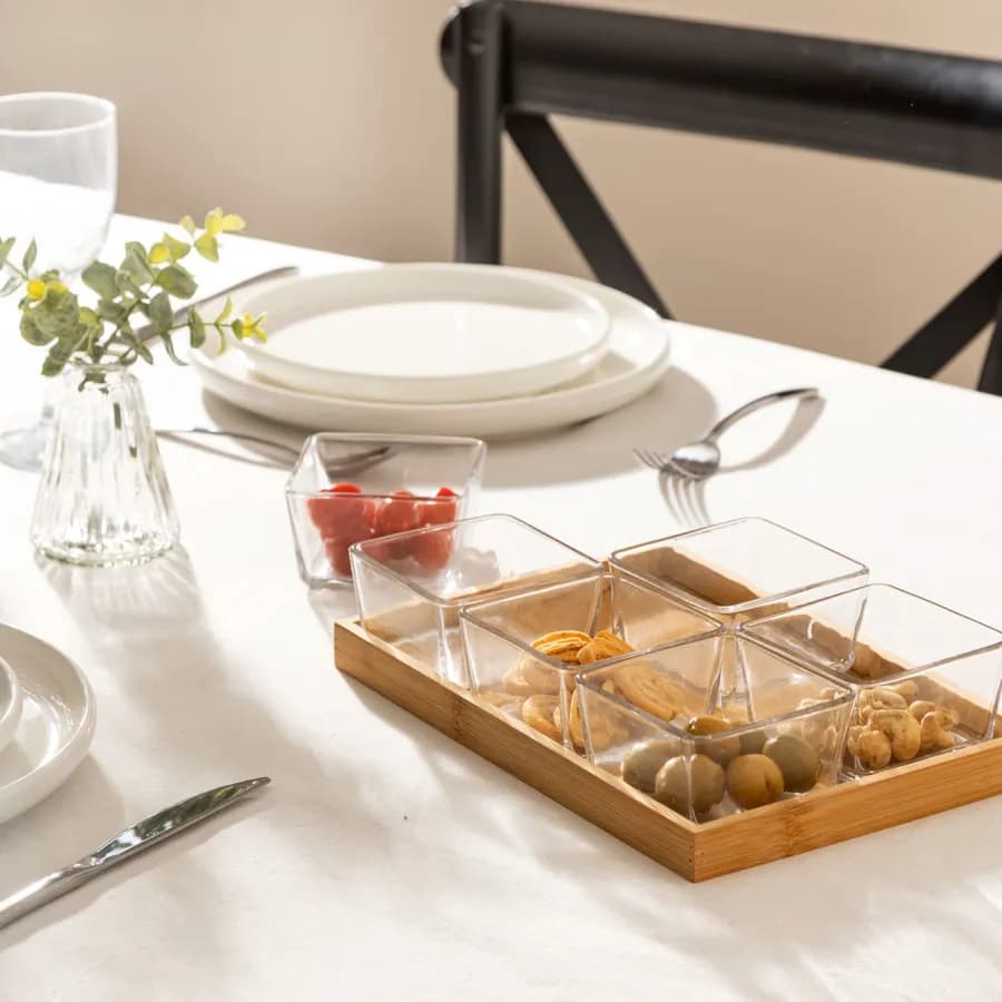 Set 7 accessori per aperitivo in bambù naturale e vetro