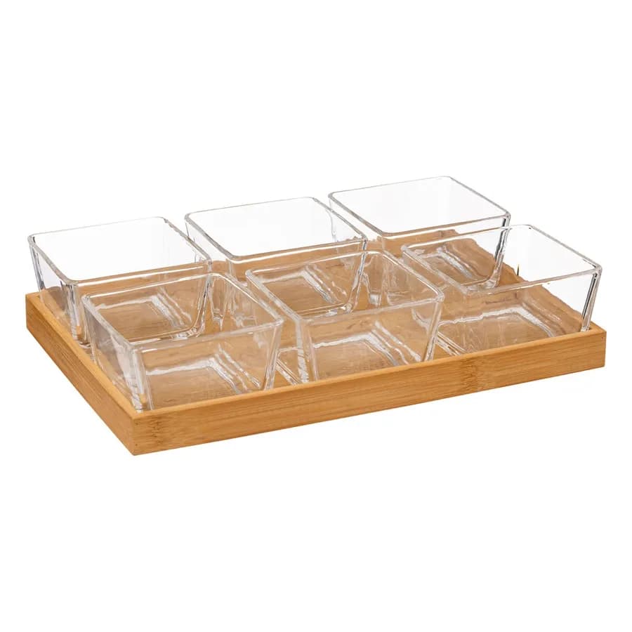 Set 7 accessori per aperitivo in bambù naturale e vetro