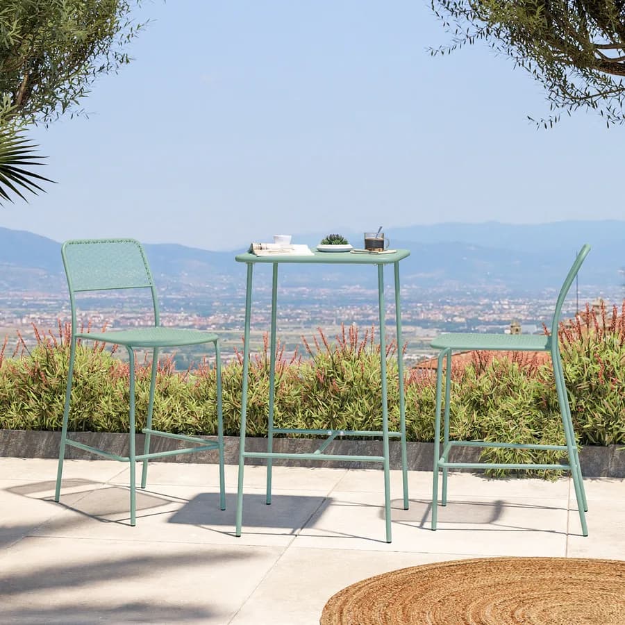 Set bistrot con tavolo alto e 2 sgabelli in acciaio verde marino - Faber