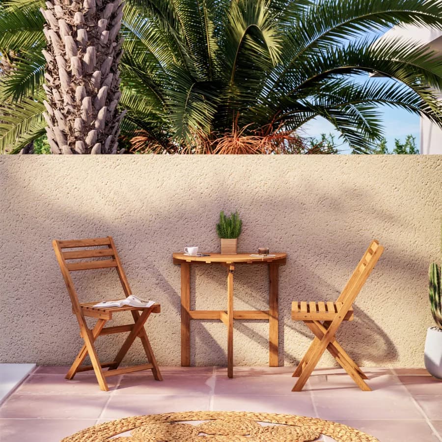 Set bistrot salvaspazio con tavolo pieghevole e 2 sedie pieghevoli in legno massello di acacia - Nauru