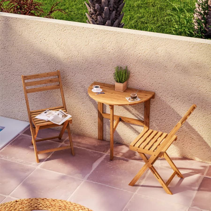 Set bistrot salvaspazio con tavolo pieghevole e 2 sedie pieghevoli in legno massello di acacia - Nauru