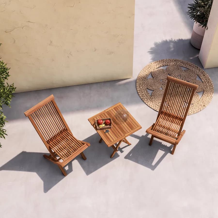 Set relax tavolino pieghevole 50x50 cm e 2 sedie pieghevoli in legno teak - Louis