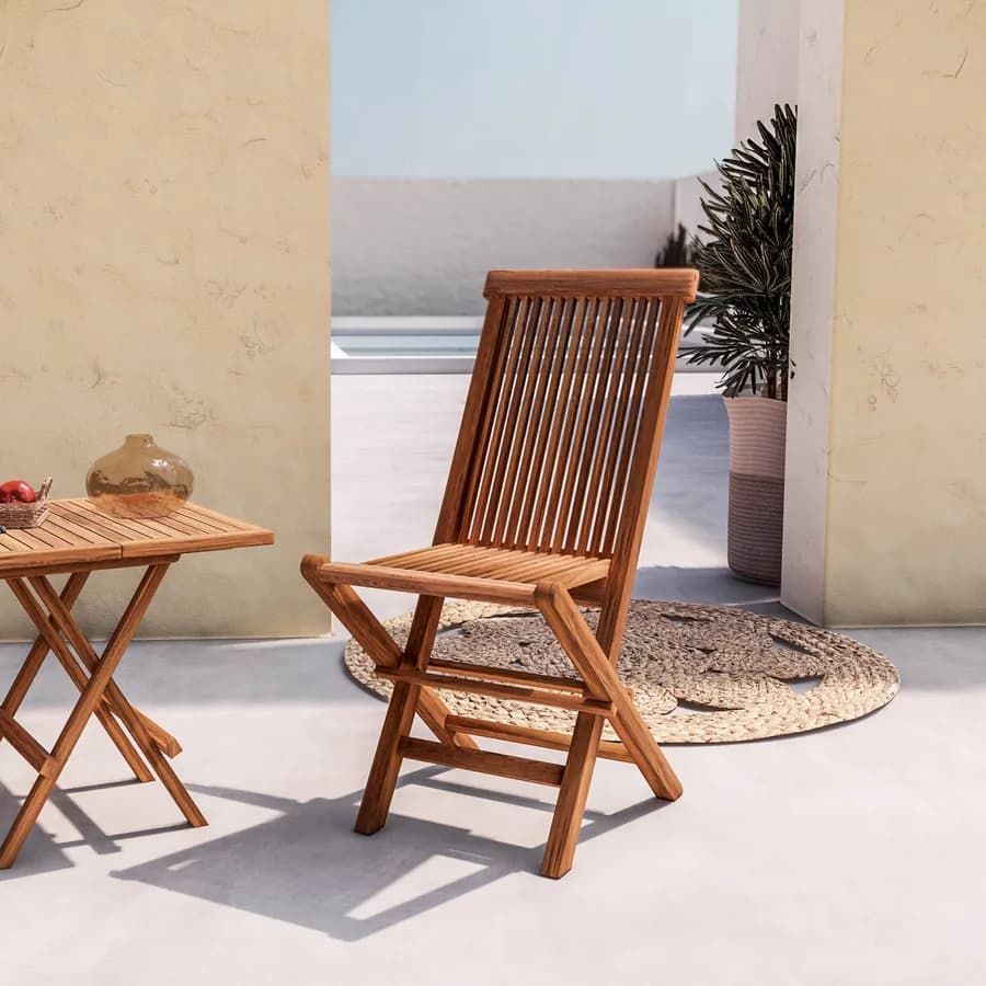 Set relax tavolino pieghevole 50x50 cm e 2 sedie pieghevoli in legno teak - Louis
