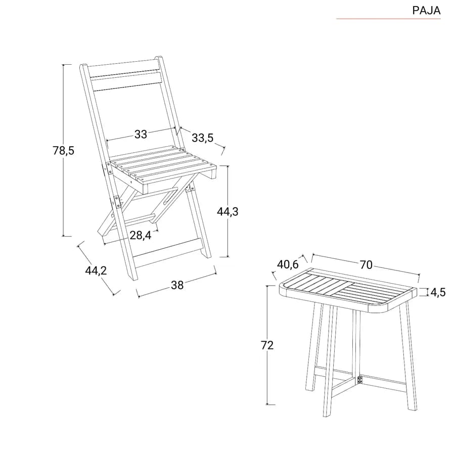 Set bistrot tavolo 70x40 cm e 2 sedie in legno di acacia - Paja