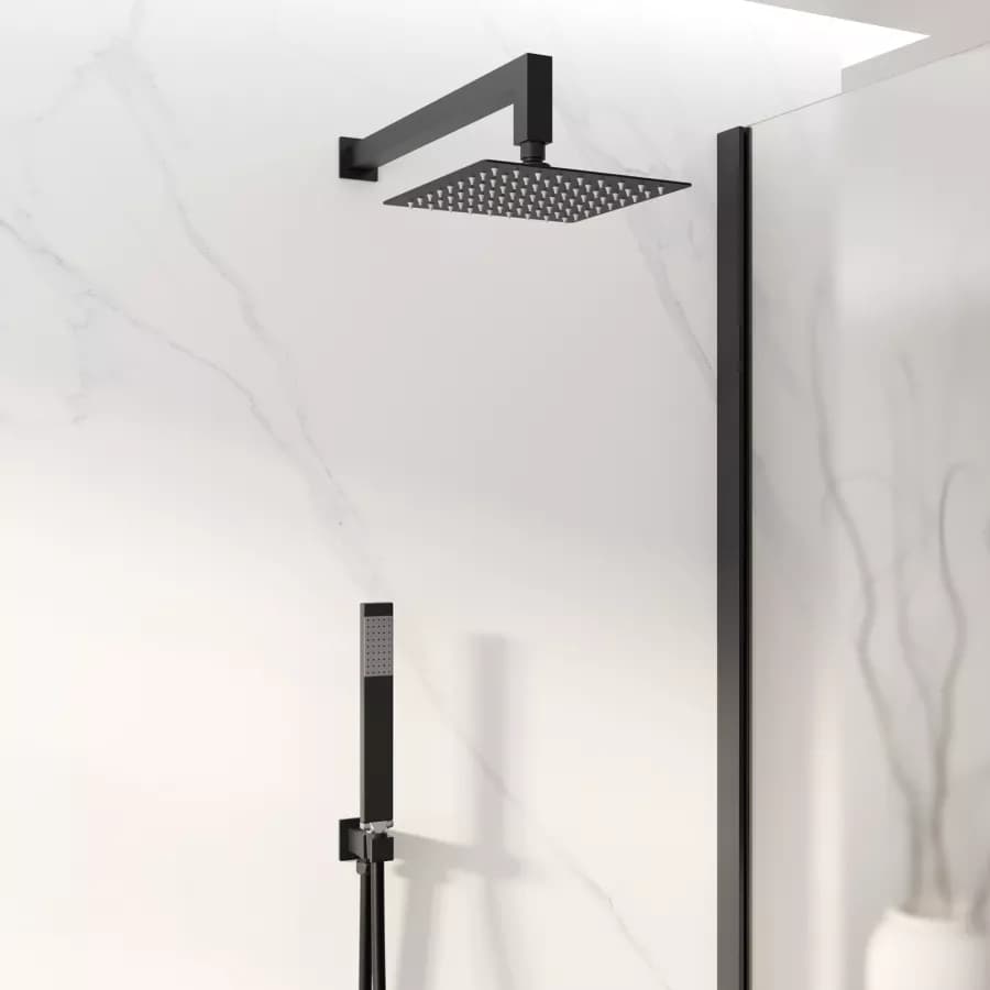 Set con soffione doccia 20x20 cm, braccio 40 cm e kit doccino squadrato nero opaco