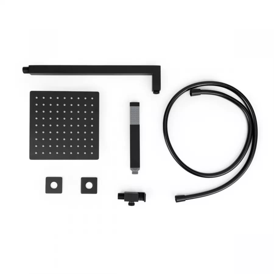 Set con soffione doccia 20x20 cm, braccio 40 cm e kit doccino squadrato nero opaco