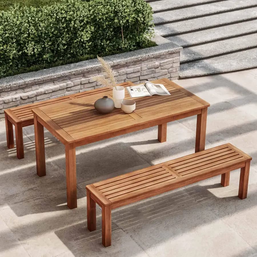 Set pranzo tavolo 160x80 cm e 2 panche in legno di acacia - Paja
