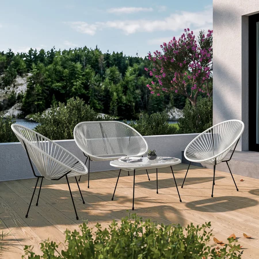 Set relax con divano 2 poltrone e tavolino 90x45 cm in metallo nero e corda bianca - Kalimba
