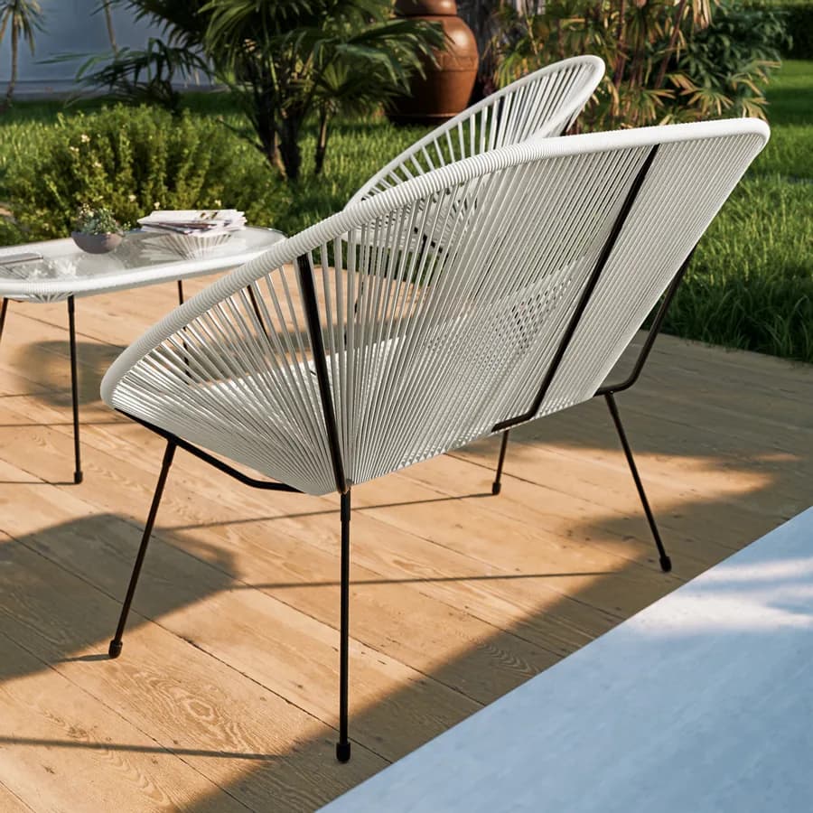 Set relax con divano 2 poltrone e tavolino 90x45 cm in metallo nero e corda bianca - Kalimba