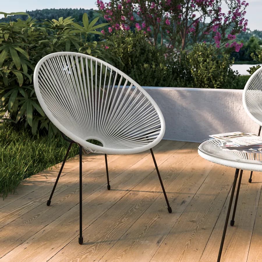 Set relax con divano 2 poltrone e tavolino 90x45 cm in metallo nero e corda bianca - Kalimba