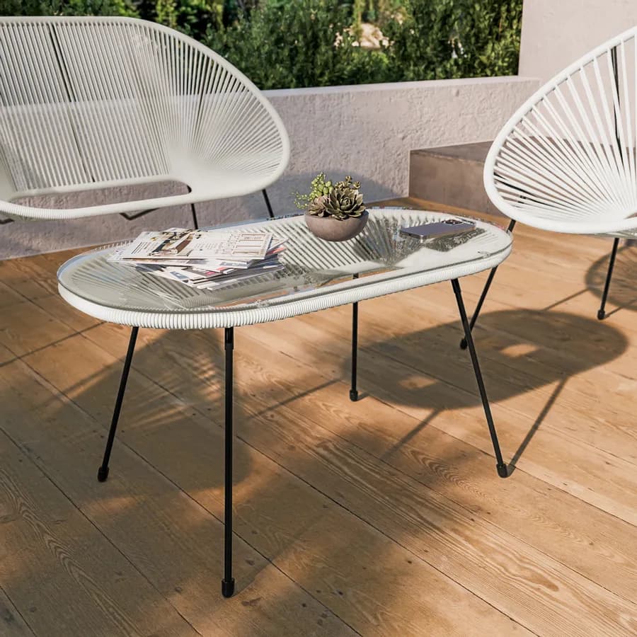 Set relax con divano 2 poltrone e tavolino 90x45 cm in metallo nero e corda bianca - Kalimba