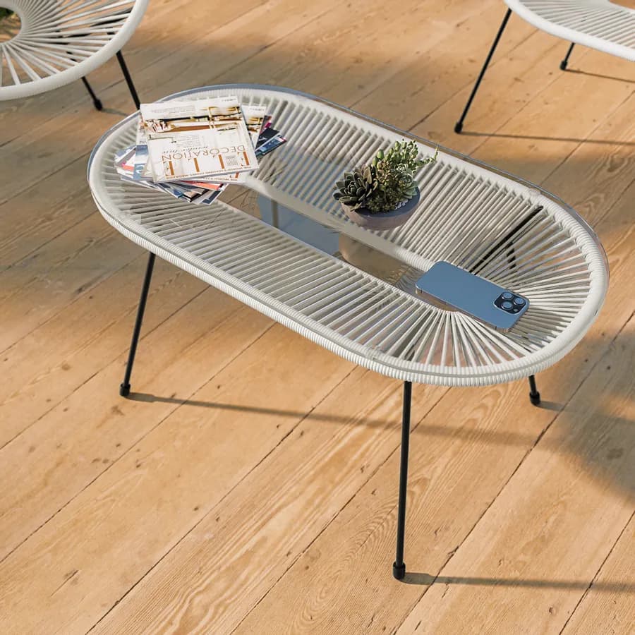 Set relax con divano 2 poltrone e tavolino 90x45 cm in metallo nero e corda bianca - Kalimba