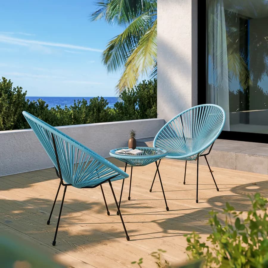 Set relax con 2 poltrone e tavolino rotondo 50 cm in metallo nero e corda azzurro - Kalimba