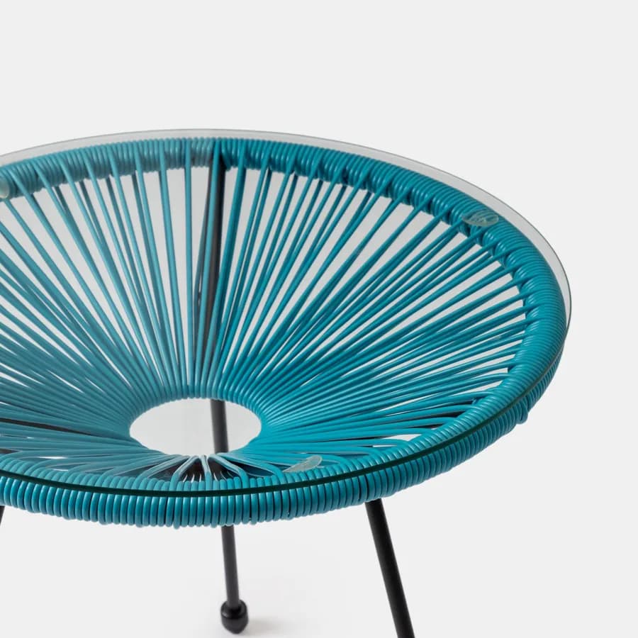 Set relax con 2 poltrone e tavolino rotondo 50 cm in metallo nero e corda azzurro - Kalimba