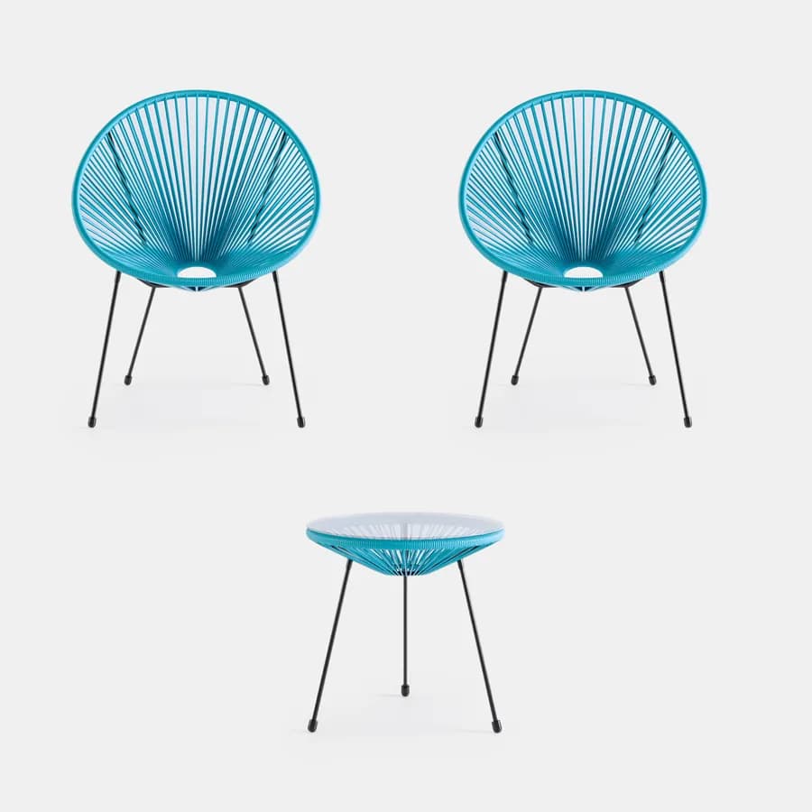 Set relax con 2 poltrone e tavolino rotondo 50 cm in metallo nero e corda azzurro - Kalimba