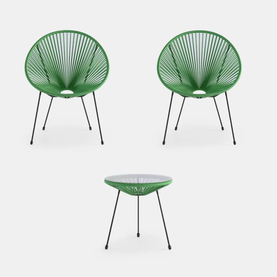 Set relax con 2 poltrone e tavolino rotondo 50 cm in metallo nero e corda verde - Kalimba