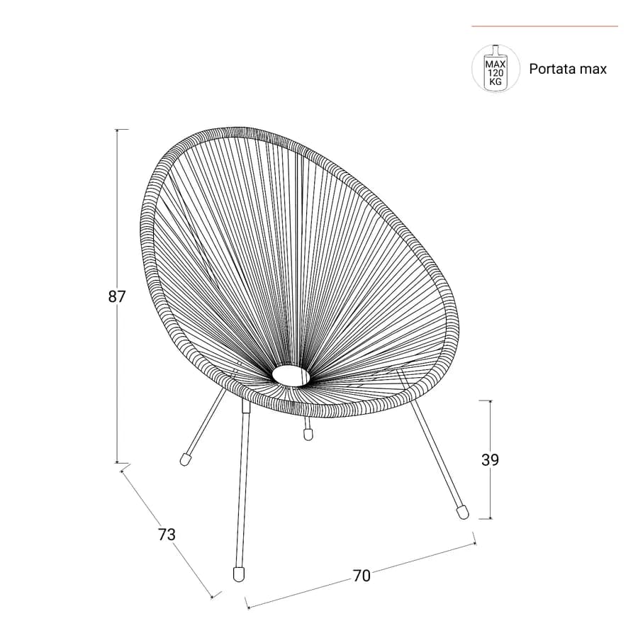 Set relax con 2 poltrone e tavolino rotondo 50 cm in metallo nero e corda verde - Kalimba