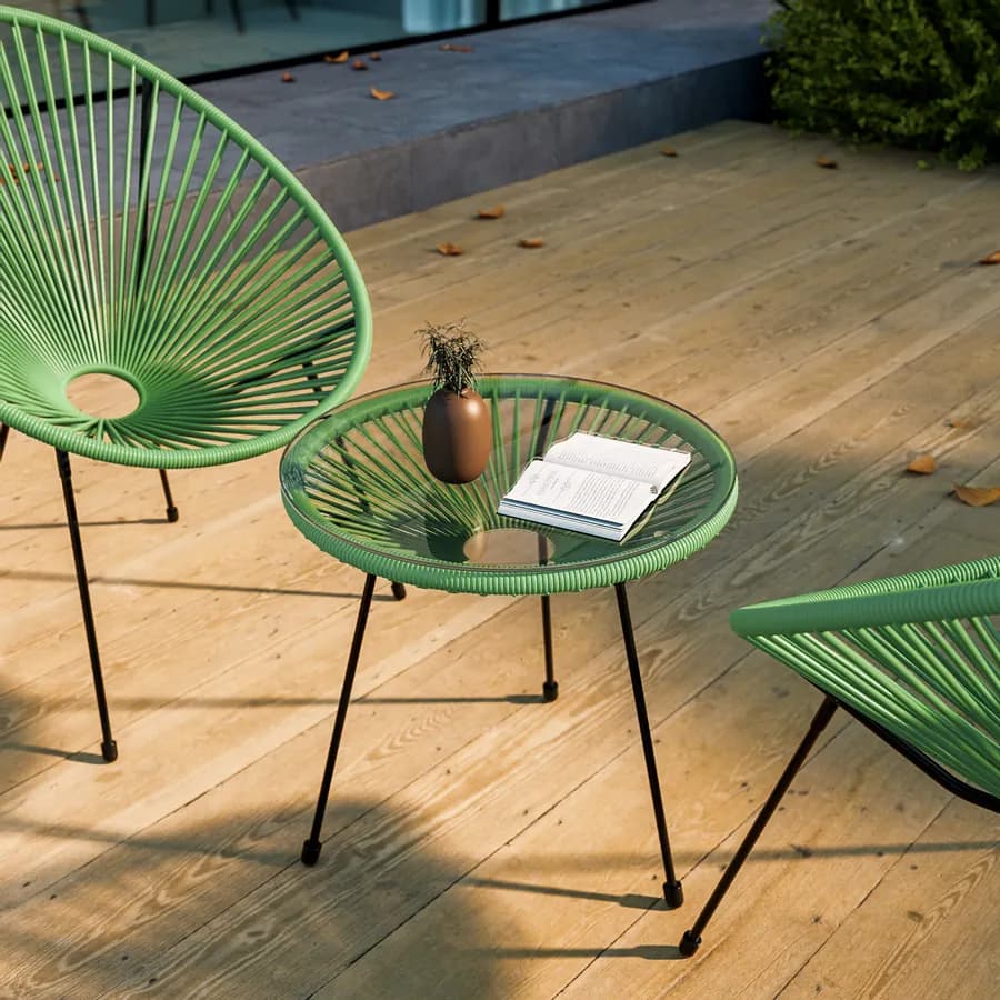 Set relax con 2 poltrone e tavolino rotondo 50 cm in metallo nero e corda verde - Kalimba