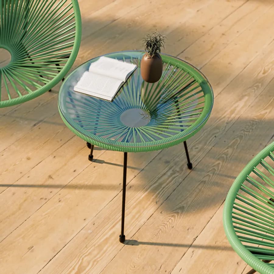 Set relax con 2 poltrone e tavolino rotondo 50 cm in metallo nero e corda verde - Kalimba