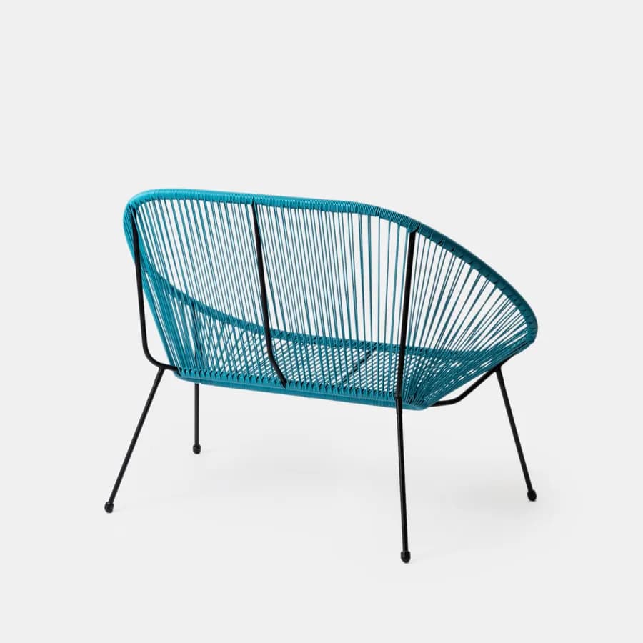 Set relax con divano 2 poltrone e tavolino 90x45 cm in metallo nero e corda azzurro - Kalimba